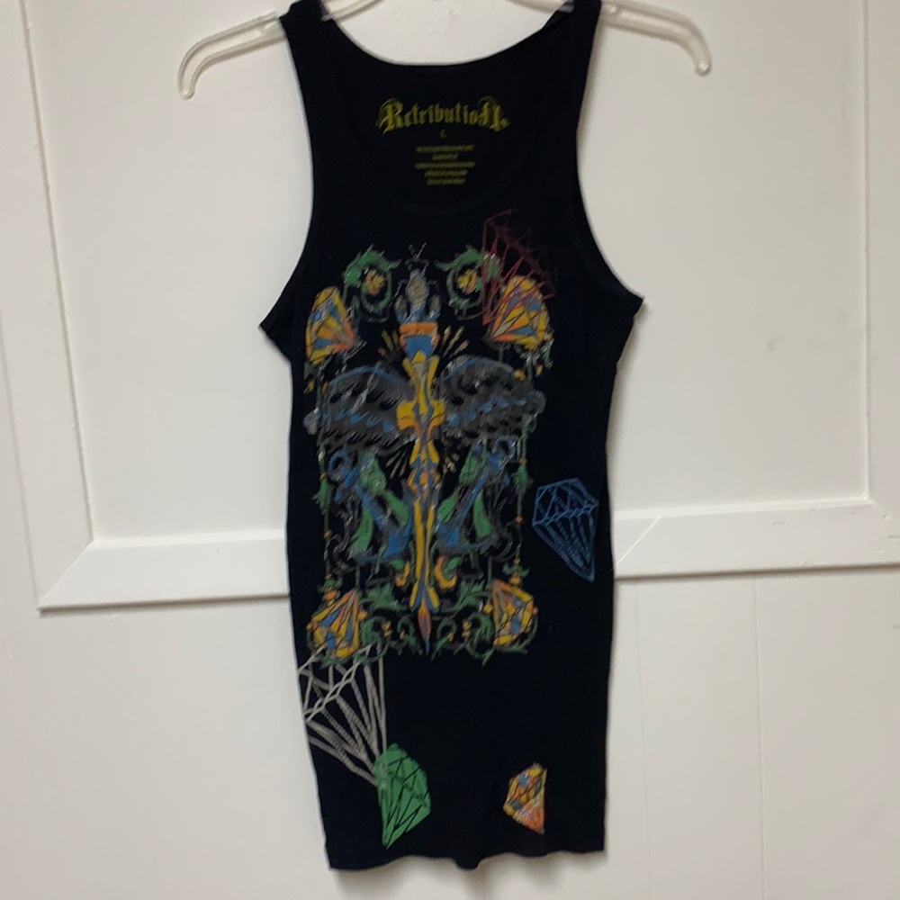 Retribution Black Stretch Ribbed Printed Tank Top NeverUsed